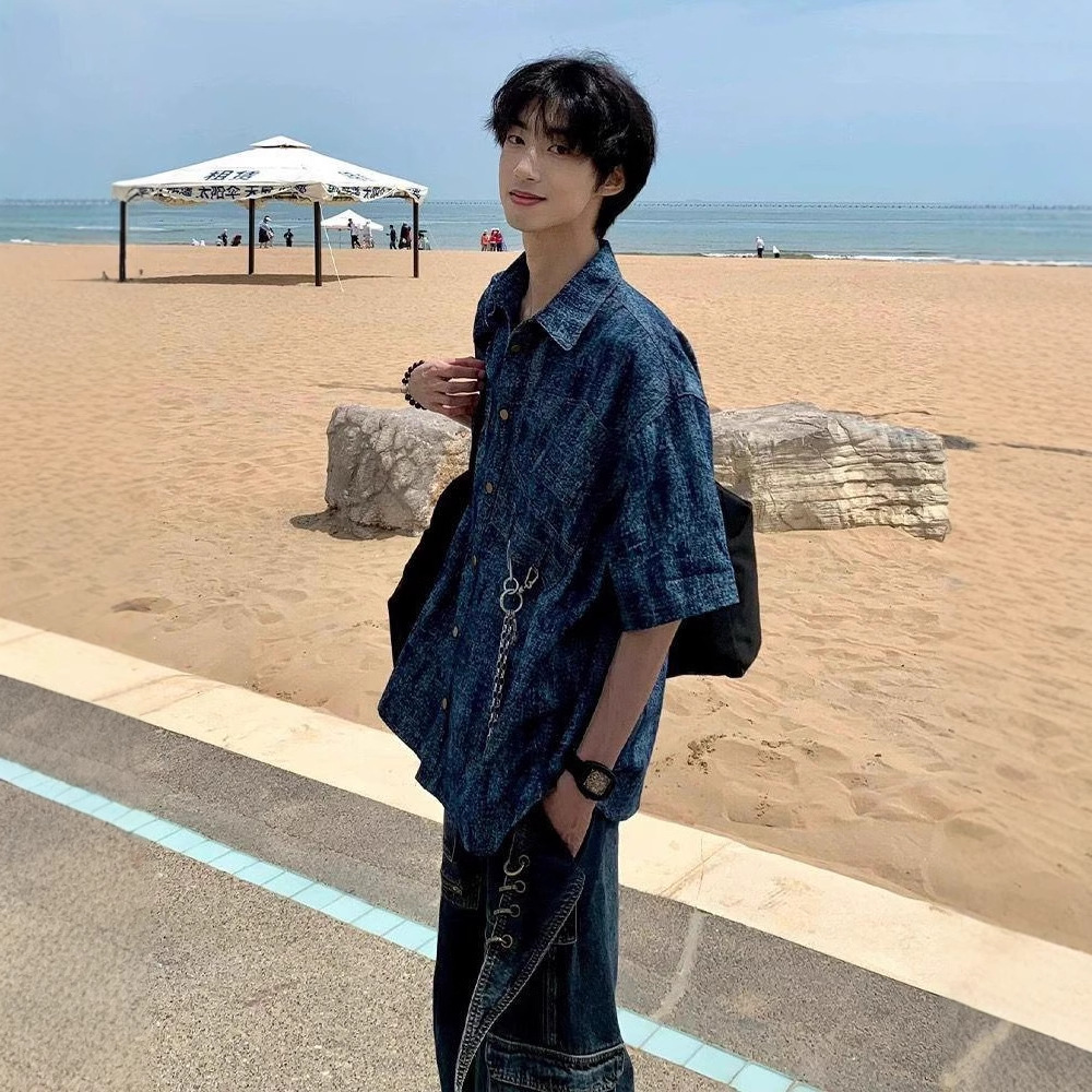 American Style Retro Deconstructed Shoulder Pad Short-Sleeved Shirt Men's Summer Old Washed Tie-Dye Design Sense Shirt Niche Jacket
