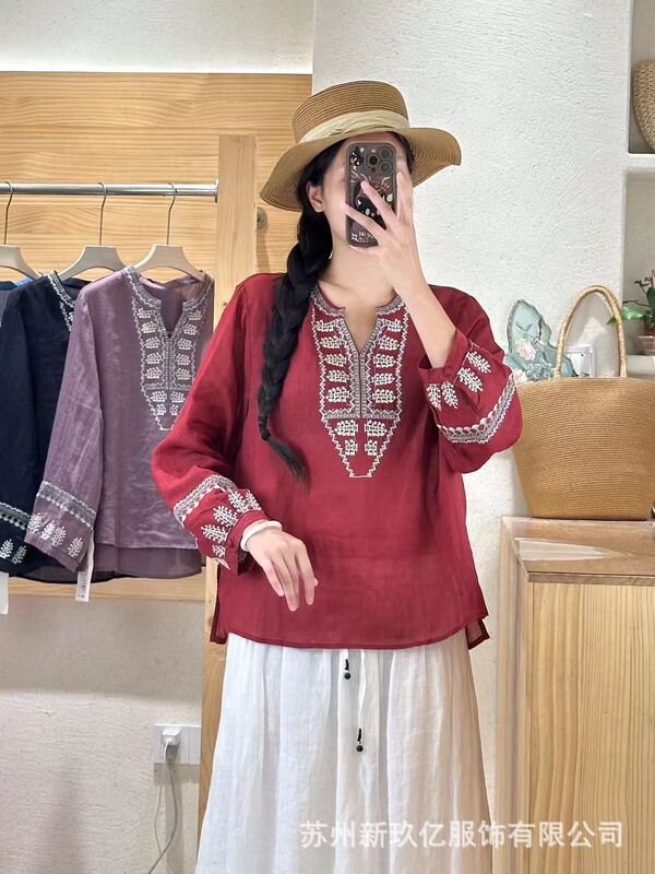 苎麻小衫女2025秋季款文艺纯色长袖V领绣花套头宽松套头衬衫上衣|undefined