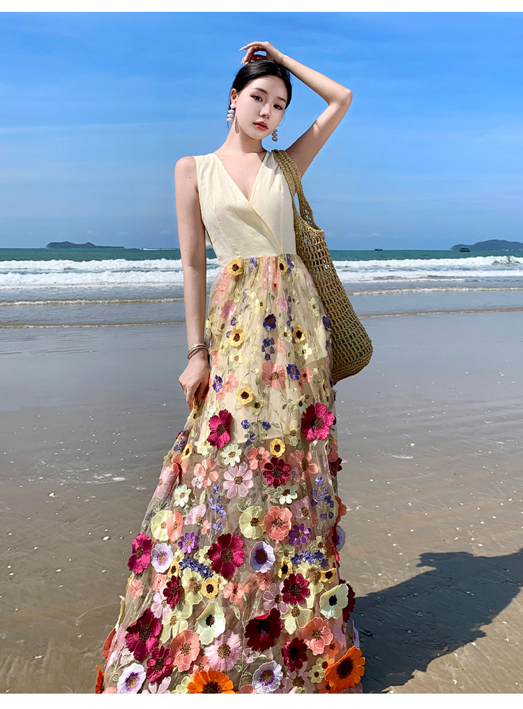 F6651 1040K VÁY ĐẦM LIỀN THÂN NỮ SHETDT THÊU HỌA TIẾT HOA THỜI TRANG NỮ G03 SẢN PHẨM MỚI