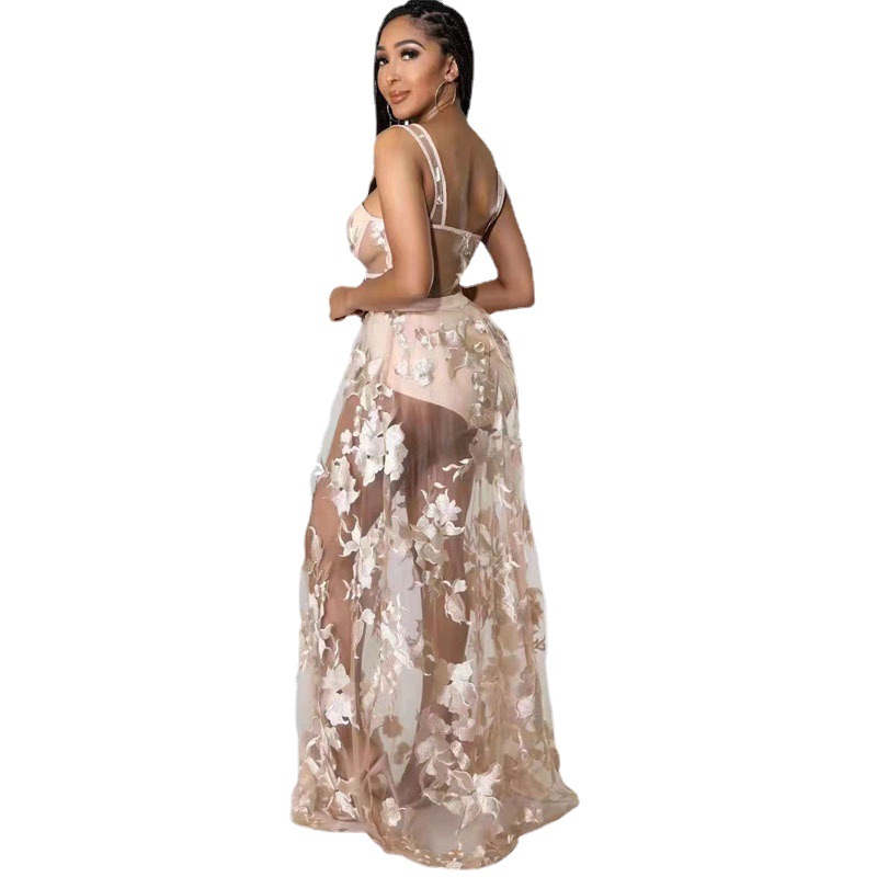 Vestido HX053 de Amazon, color sólido, bordado, transparente, entallado, sin elasticidad, con tirantes finos, efecto adelgazante, estilo francés, versátil, cintura alta