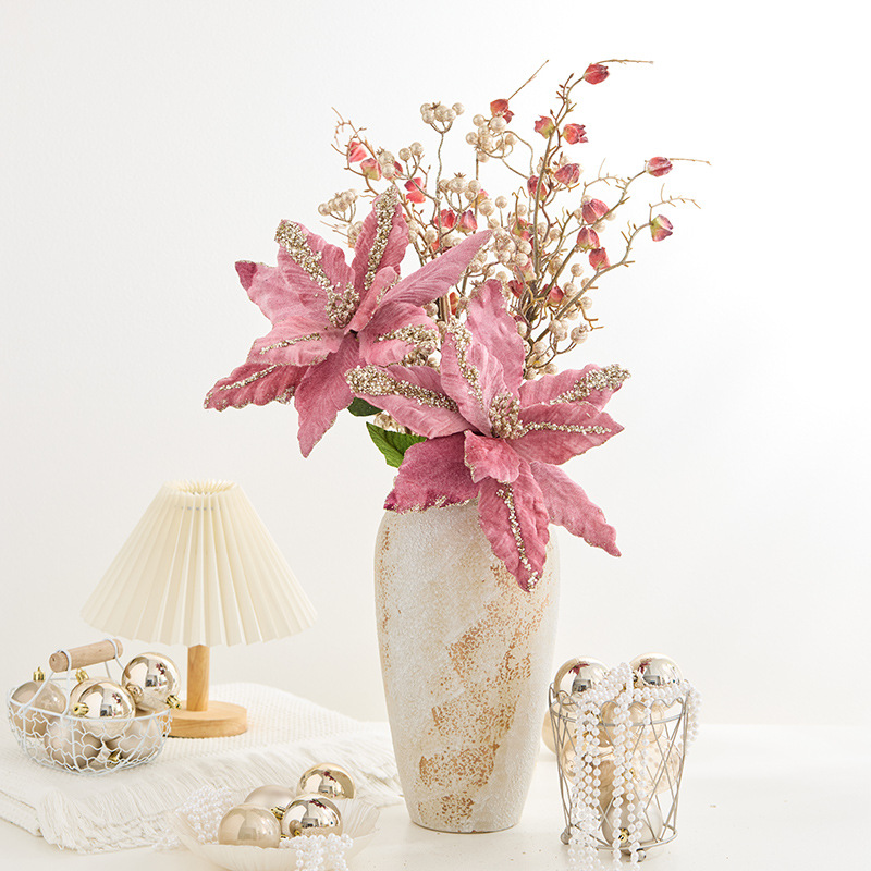 Nuevos productos transfronterizos de alta calidad, flores de Navidad rosa, decoraciones de Navidad, props de diseño de escenas de vacaciones