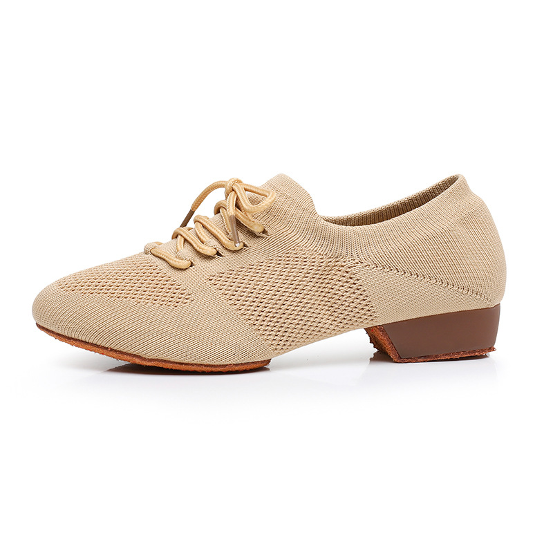 Dance Shoes Lace-up Fly-knit For Teachers, Latin Shoes With Rubber Soles, Outdoor Physical Training Jazz Dance Shoes, Flat Heel_voghion.com