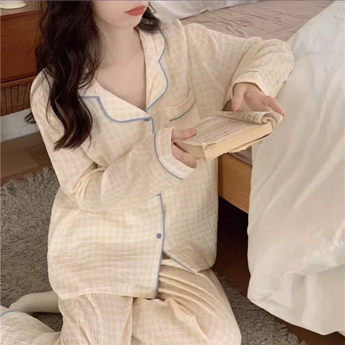 Pijama mujer primavera y otoño burbuja crepé rebeca hoyo rayas cuadros Dongdaemun pantalones de manga larga traje de servicio a domicilio suelto