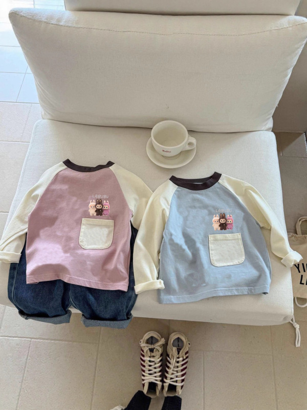 纯棉新款儿童撞色长袖卡通口袋拉布布男女童洋气T恤印花小童上衣|undefined