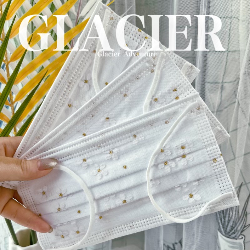 网纱一次性四层成人口罩白色樱花高颜值时尚透气防尘面罩含熔喷布