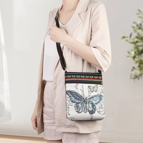 Ethnic-style elephant cartoon single-shoulder bag for women, double-sided gold thread embroidery canvas bag, fashionable single-layer zipper crossbody bag