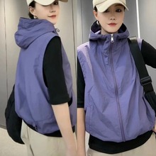 连帽无袖透气冲锋衣马甲外套女2024春夏新防晒衣百搭休闲上衣开衫