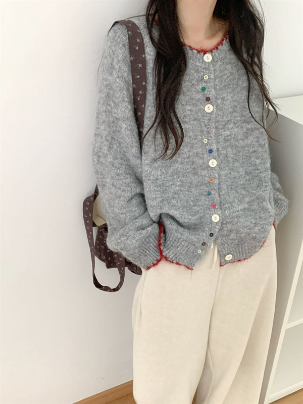韩系复古波浪纹圆领彩色纽扣设计感针织开衫女宽松软糯毛衣外套秋|undefined
