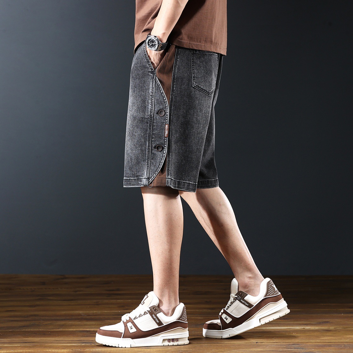 Pantalones Cortos de Mezclilla Cargo para Hombre, Algodón, Diseño Holgado Retro, para Uso Diario image 1