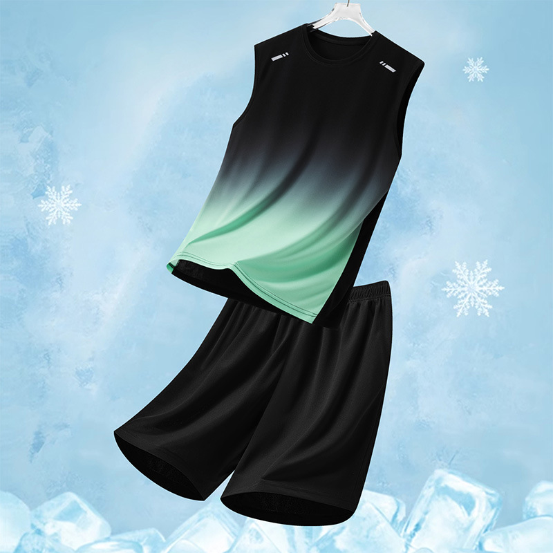 Sports Suit Men's Running Quick-Drying Clothing Summer Ice Silk T-Shirt Short-Sleeved Shorts Badminton Basketball Clothing Fitness Clothing