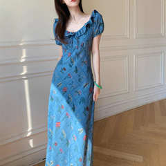 哥家商场同款女装2025夏季法式蓝色斜裁显瘦荷叶领收腰短袖连衣裙