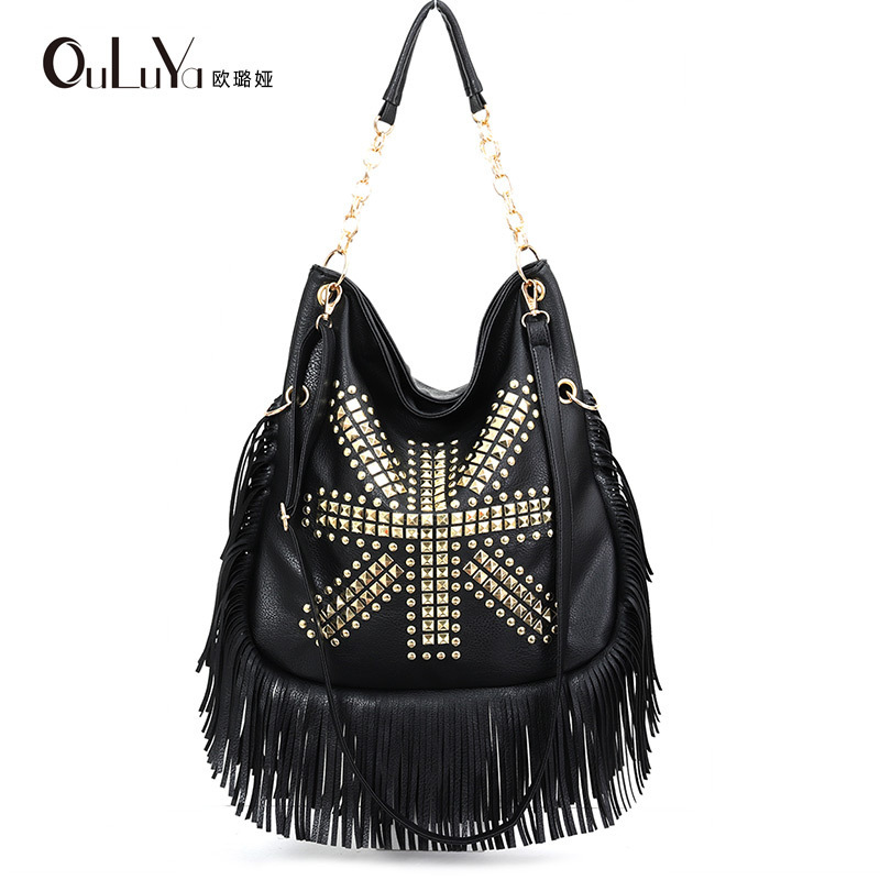 Guangzhou Factory Cross-border AliExpress European and American Trend Rivet Liuding Soft Leather Tassel Bag Portable Single Shoulder Crossbody Large Bag