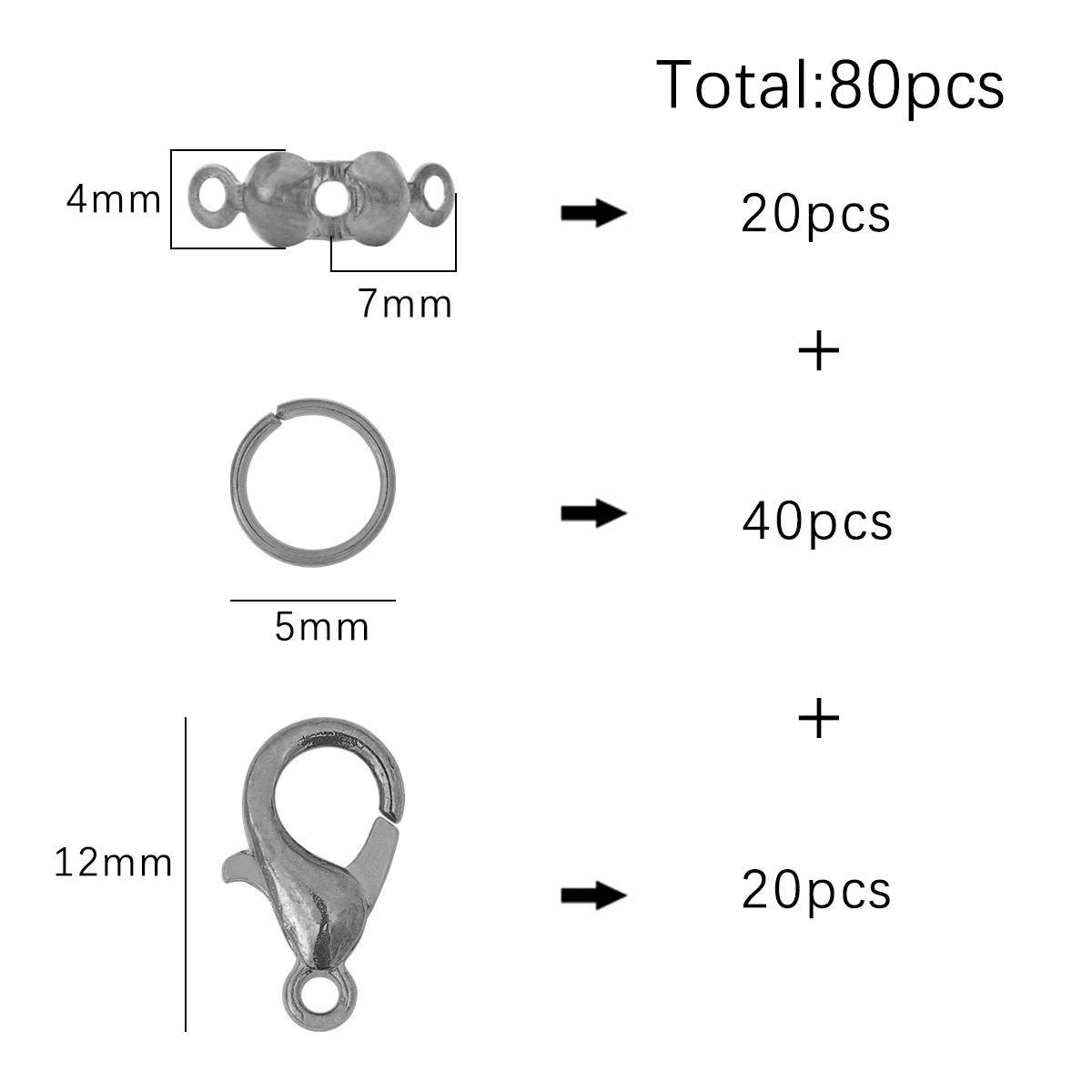 정장 스타일#총 블랙| 액세서리 세트 랍스터 걸쇠 12mm, 약 20개 + 0.7*5mm 단일 원형, 약 40개 + 4x7mm 커버 버클 2개