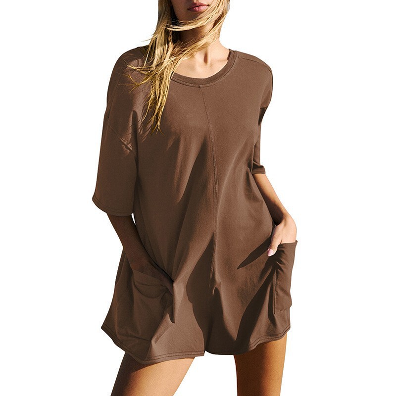 European and American Women's 2024 Summer New Amazon Women's Short-sleeved Backless V-neck Loose Casual Pocket jumpsuit
