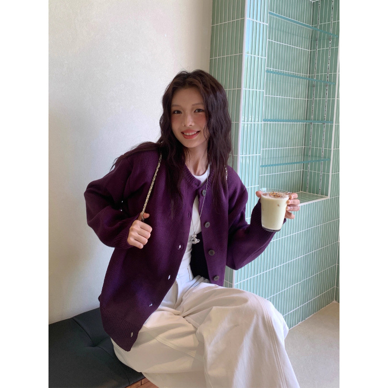 韩系慵懒风超显白紫色毛衣开衫外套女秋季休闲宽松针织开衫上衣|undefined
