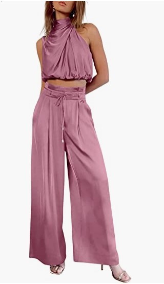 Women's 2-piece Summer Casual Sleeveless Collar Open Navel Top Wide Leg Pants Set_voghion.com