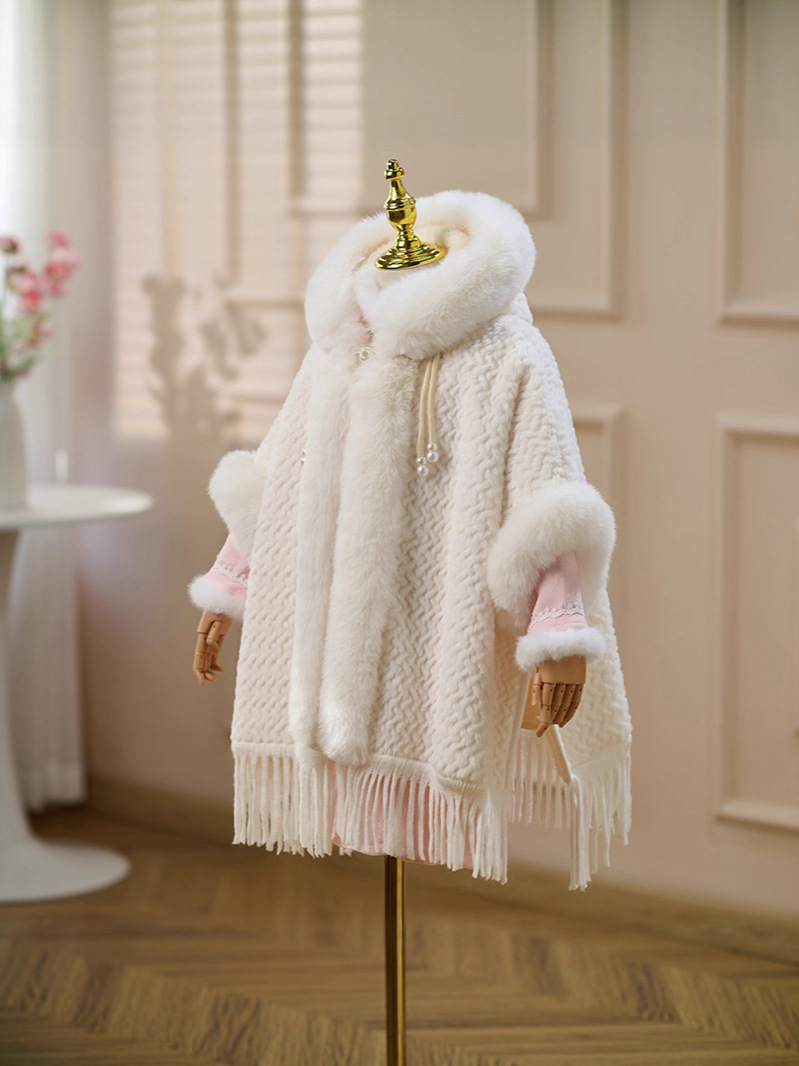 Capa rosa para niñas gruesa y cálida, ropa de Año Nuevo con capuzas largas, camisa, abrigo de cuello de pelo grande