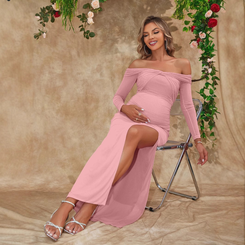 2024 New Women's European and American Solid Color Sweet Spicy Sexy Slim Party Long Sleeve off-shoulder Pleated Maternity Dress