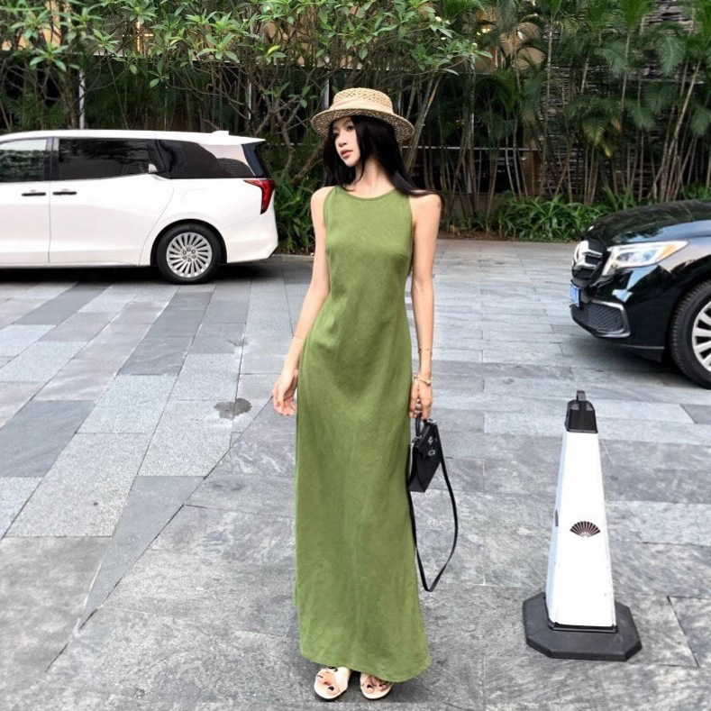 Retro Green Vest Dress 2026 Summer New Style Waist-Cinching Slimming Elegant High-End A-Line Long Dress for Women Ins
