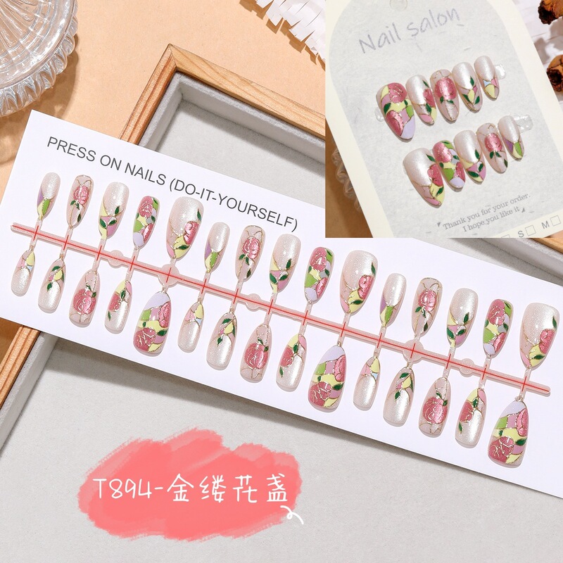T894 Gold Thread Flower Nail Art with Short Almond Pearl Gloss, Hand-painted Rose Floral Design, Vintage Elegant Cat Eye Wearable Nails