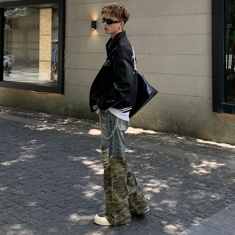 Junge Europäischen Und Amerikanischen Stil Pad Tuch Camouflage Patchwork Zerrissene Jeans 2025 Neue Street Fashion Design Lose Gerade_voghion.com