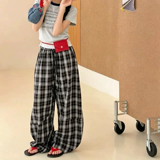 儿童裤子2026夏季新款女童4752拼色款中大童韩版百搭格子薄款裤子