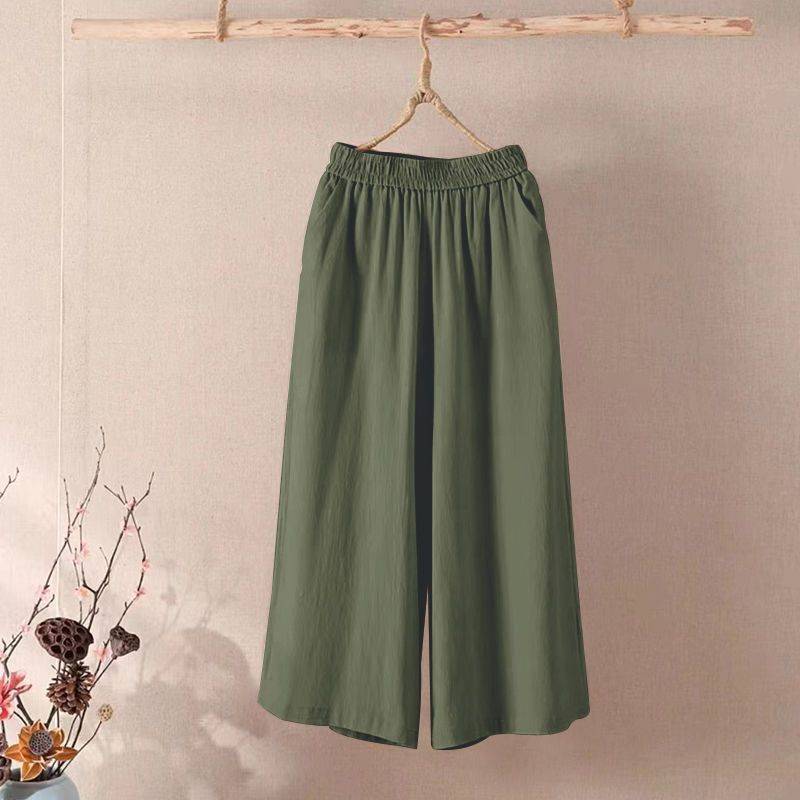 Summer Thin Straight-Leg Pants for Women, Plus Size Loose Fit, Elastic Waist, Cropped Pants, Casual Wide-Leg Pants for Moms, 7/8 Length Cotton-Linen Pants