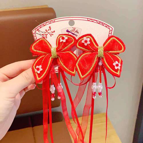 Children's New Year hairpin Chinese style red bow children's clip Hanfu headdress exquisite flower girls' hair accessories