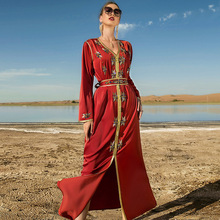 BA7052燃橙色手缝玻璃水钻女士阿拉伯连衣裙 聚会长袍 中东女装