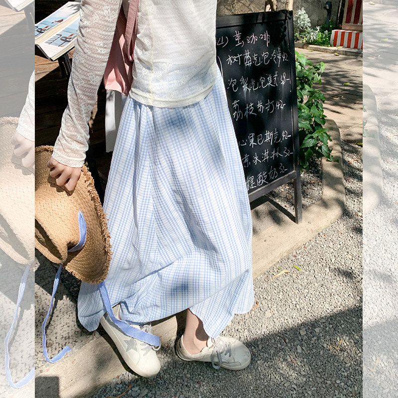 Beach Vacation Blue Plaid Skirt for Women Summer 2026 New High-Waisted Slimming Casual Long A-Line Skirt