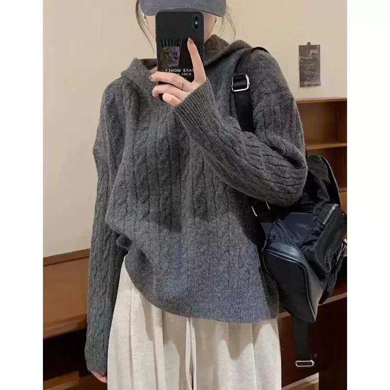 麻花毛衣女秋冬新款2025女装连帽复古日系慵懒宽松软糯针织衫上衣