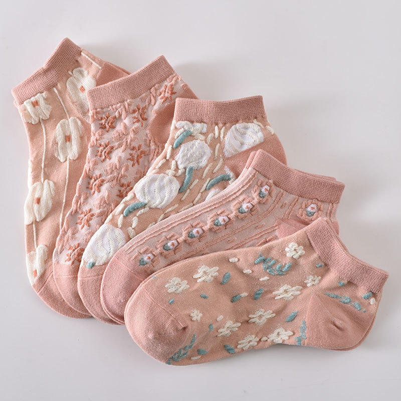 Liaoyuan Qiao brand three-dimensional retro relief Women's Boat socks spring and summer thin socks cotton socks breathable Mori pink tide all-match