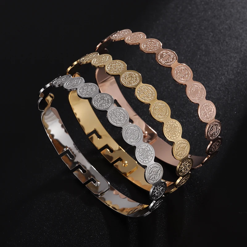 Exquisite Stainless Steel Cross Cuff Bracelet Trendy St. Benedict Bracelet Men's Back Shape Snap Jewelry Gift