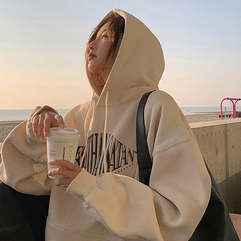 韓国版のアルファベットのプリントとベルベットの薄い灰色のパーカーの女子学生の秋冬の怠惰な風はゆったりしています。|undefined