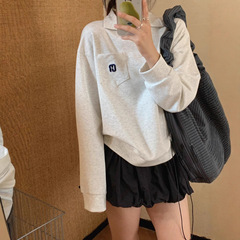 韩系秋季Grove衬衣领口袋长袖卫衣女休闲V领设计显瘦气质翻领上衣