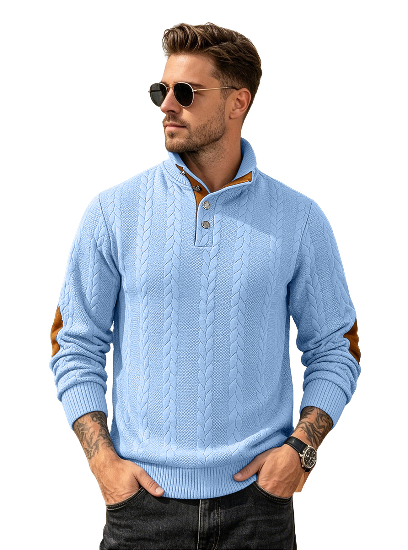 Camiseta POLO jacquard para hombre, estilo europeo y americano, con cuello Henley, manga larga, bordado con parches, suéter informal para hombre.