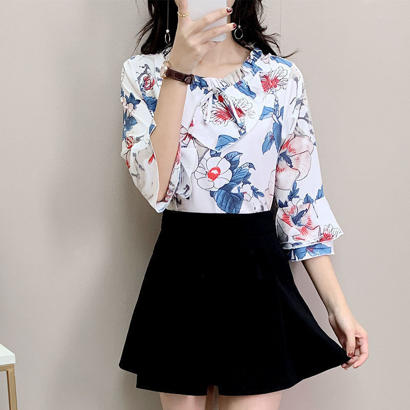 金韩2025新款碎花雪纺衬衫女喇叭袖衬衣显瘦上衣女士洋气小衫包邮