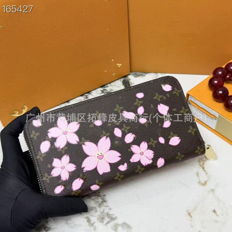 Cross-Border New Genuine Leather Women's Bag Long Zipper Wallet Cherry Blossom Wash Bag Multi-Functional Portable Storage Bag Wallet for Women