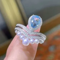 Многофункциональное кольцо из серебра S925 с аквамариновой короной и натуральным жемчугом, кольцо с драгоценными камнями цвета жемчуга 3–5 мм.