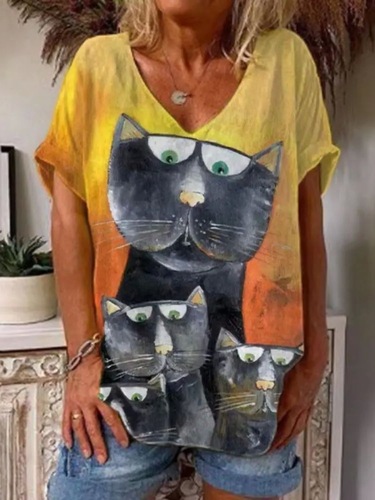 V-neck casual loose print T-shirt for women