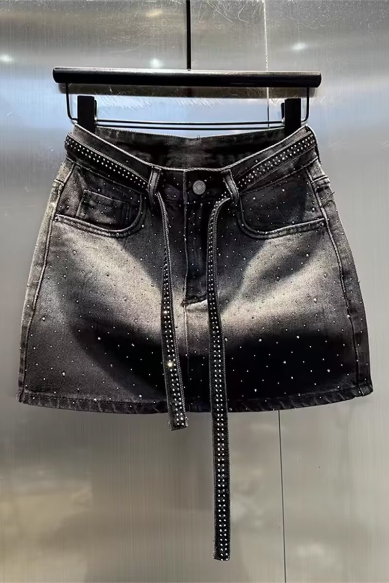 Retro Farbverlauf Denim Midi Rock Mit Strass Hochtailliert Slim_voghion.com