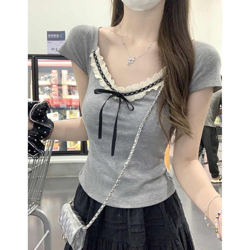 Lace top for women with light luxury high-end shoulders unique…