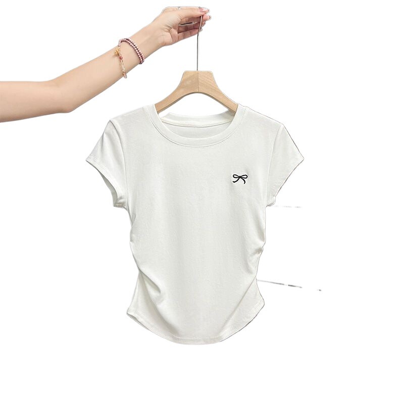 KR105、白いしわが腰のプリントtシャツの女性の純粋な欲望の丸首の正肩の半袖の夏の小さい飛袖の短いタイプは修理します。|undefined