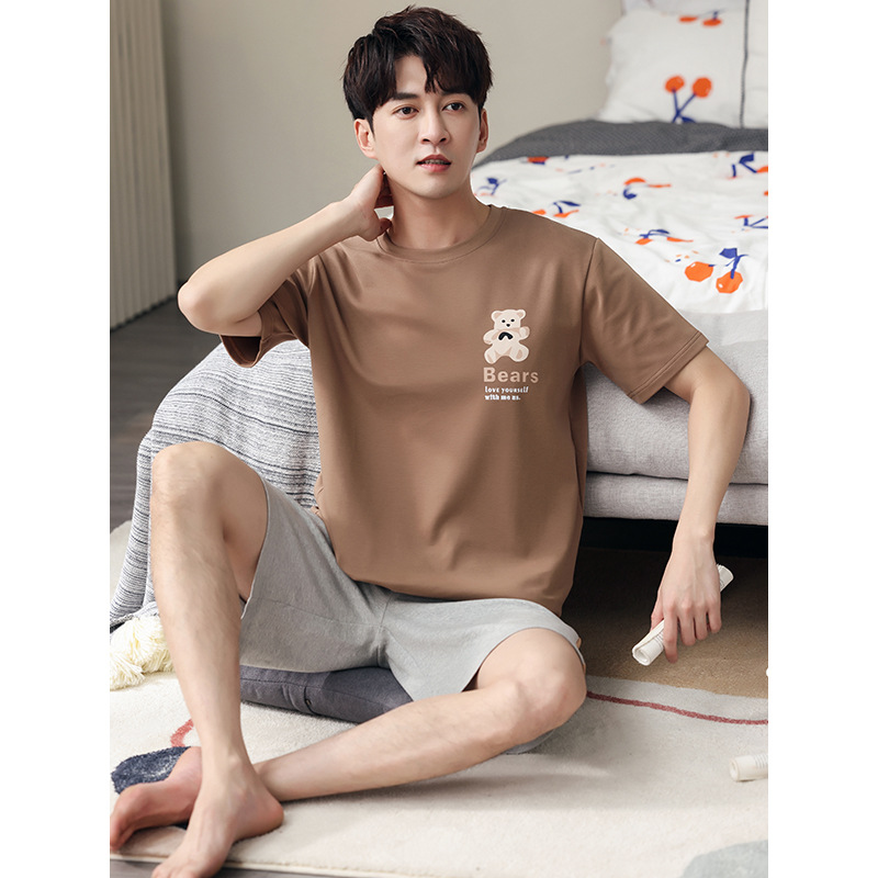 Pareja de pijamas de verano de algodón de manga corta de Internet celebridad oso lindo de dibujos animados nuevo camisón ropa de casa de las mujeres traje de verano