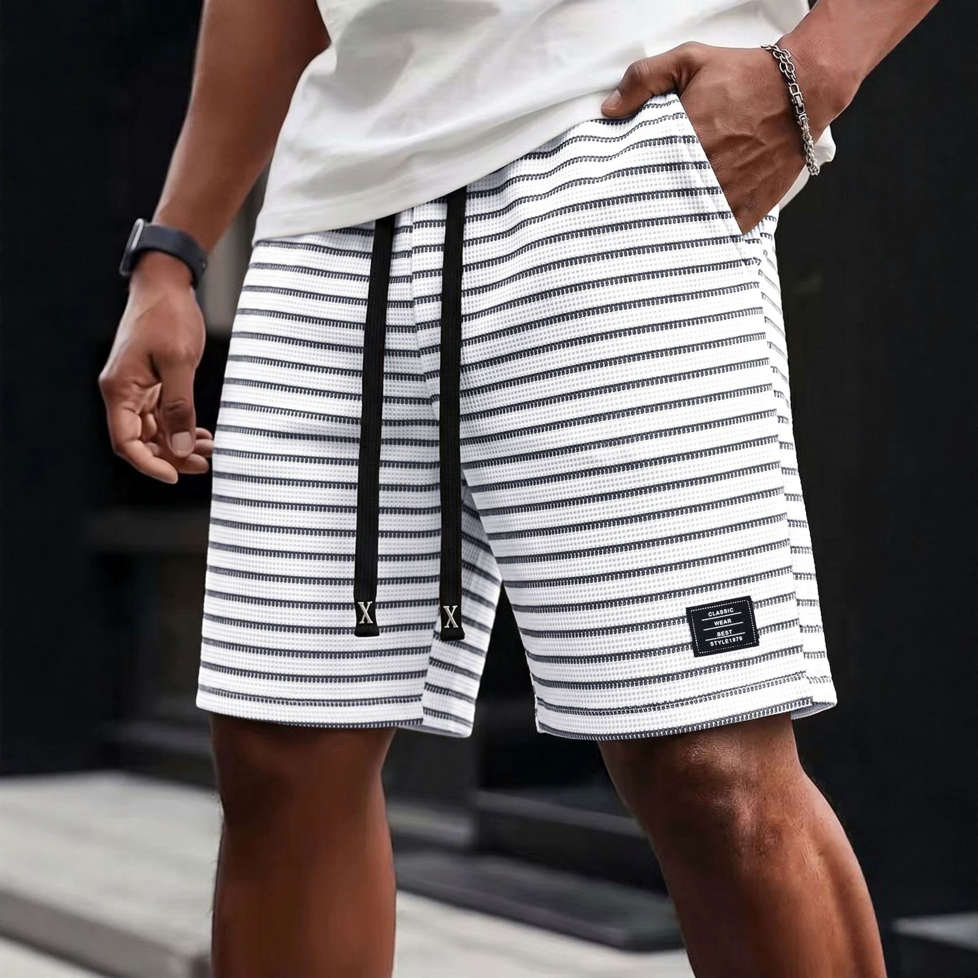 Men's Summer Sports Casual mid Length Striped Shorts American Style Trendy Loose Breathable Five Point Beach Pants_viptrois.com