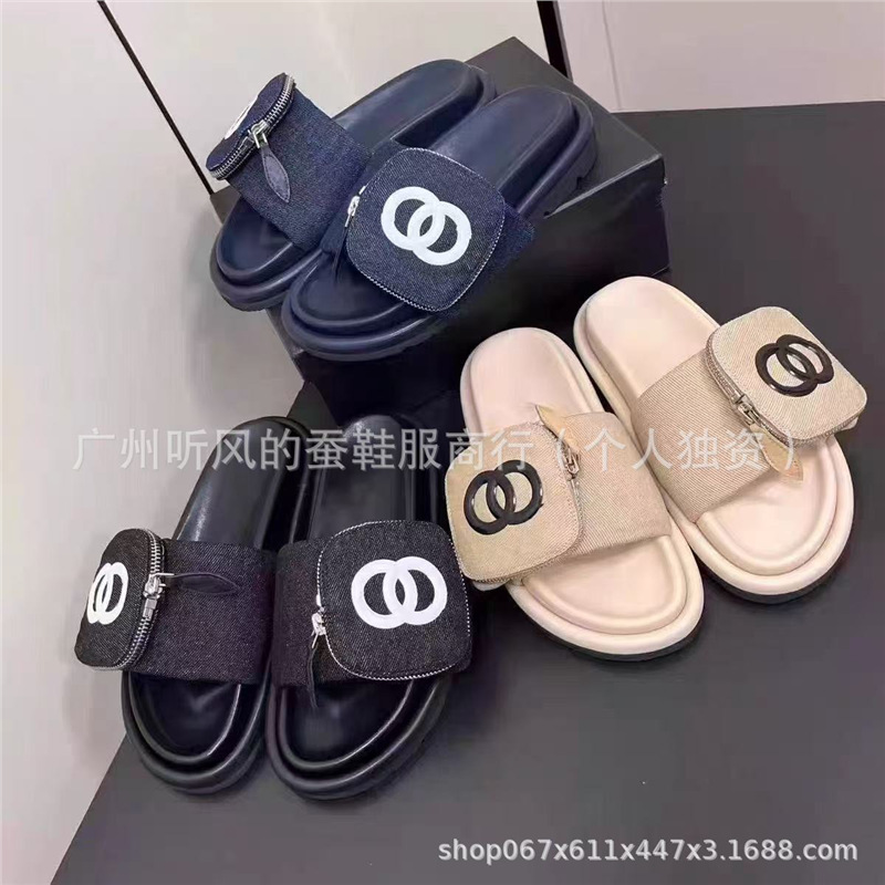 拖鞋书包拖外小版本香风拖鞋高平底女一字穿厚拉链女厚底沙滩底