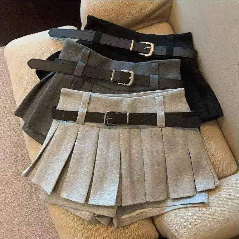 秋冬新款复古高腰百褶裙送皮带显瘦字半身裙女防走光百褶短裙裤