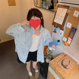 蓝色条纹蝴蝶刺绣衬衫外套女春秋设计感小众休闲宽松百搭衬衣上衣
