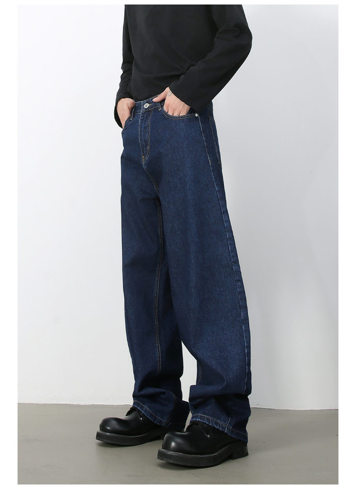 Quần jean nam ống rộng dáng suông cạp vừa phong cách đường phố — Denim đen, Làm cũ, Màu trắng, Màu xanh lam chi tiết 26
