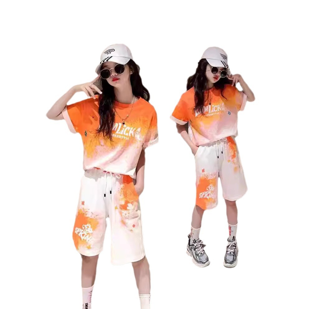 2024 nuevo traje casual de verano para niños y niños, traje de dos piezas de manga corta de moda de teñido anudado para niñas de verano